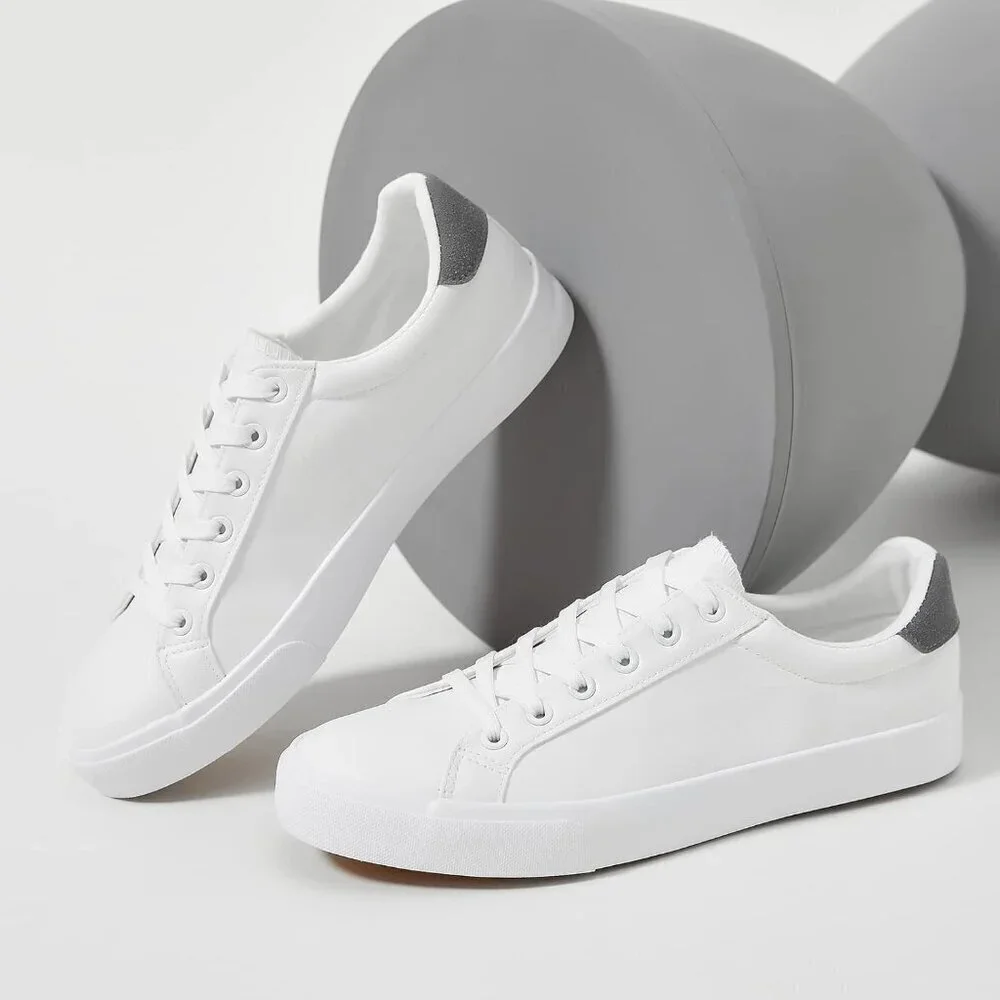 Mens White Tennis Shoes Low Top Fashion Sneakers PU Leather Casual Footwear